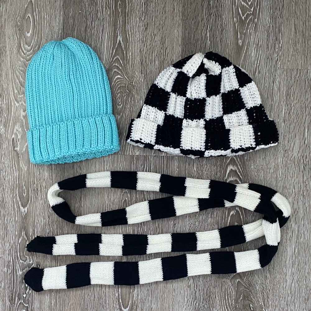 Stylish Black and White Checkered Beanie and Scarf Set + Turquoise Beanie